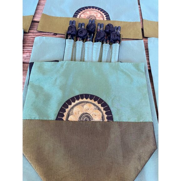 Vintage 1970s Asian Silk Place Mats With Chopsticks and Holder NOS - Picture 9 of 16